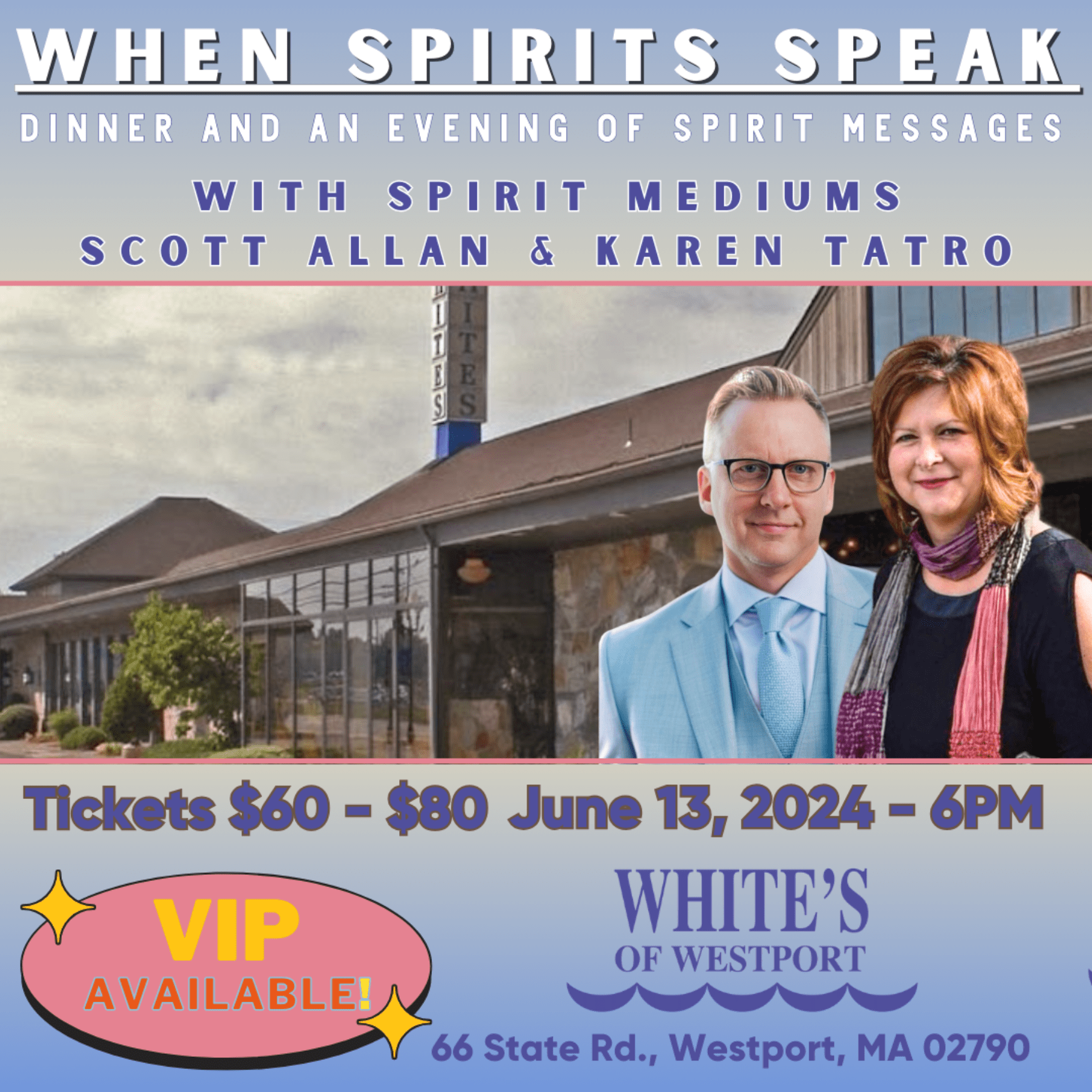 Dinner & An Evening Of Mediumship  – Whites Of Westport  6/13/2024 at 6:00 PM